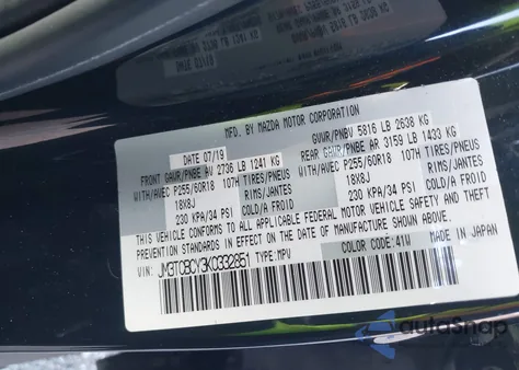 2019 Mazda Cx-9 Touring z USA, uszkodzony, nr VIN JM3TCBCY3K0332851